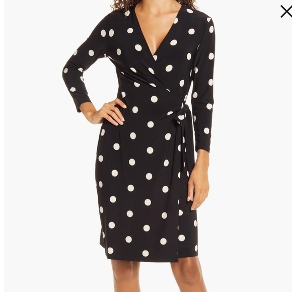 NWT Anne Klein Black Dress with White Polka Dots Women’s Medium Wrap Stretchy - Picture 1 of 15